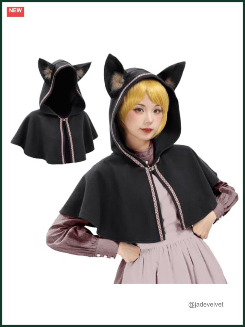 Medieval Cowl Hood Cape Cat Ear Hooded Shawl Costume Hat Embroidered Cosplay